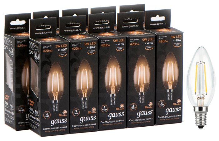 Лампа gauss LED Candle E14 5W свеча. бел. Filament 103801205